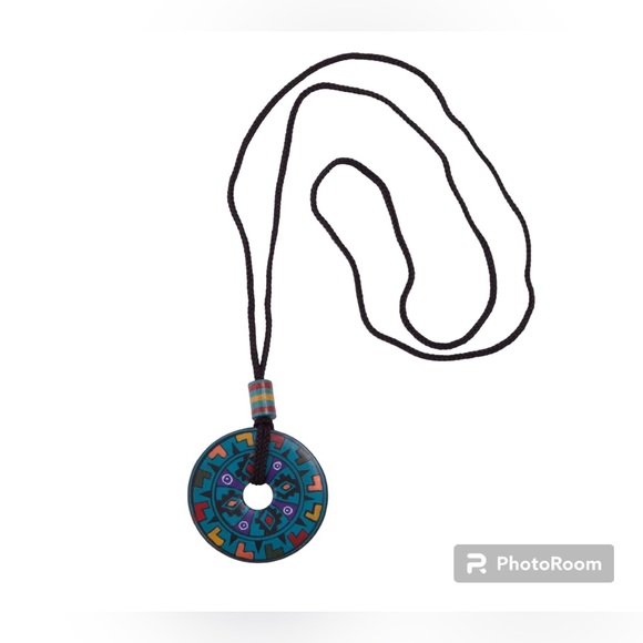 Peruvian Hand Painted Ceramic Pendant Necklace on a Black Cord - Picture 4 of 6